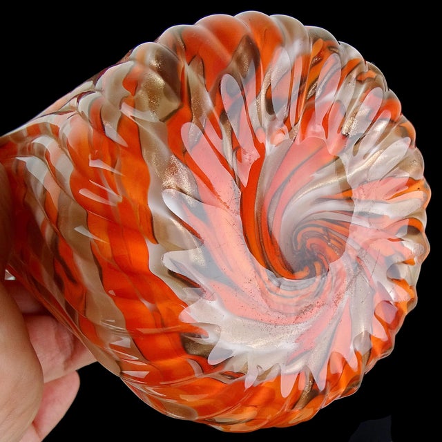 Murano Vintage Fratelli Toso Bright Orange Copper Aventurine Flecks Italian Art Glass Flared Rim Flower Vase For Sale - Image 10 of 10
