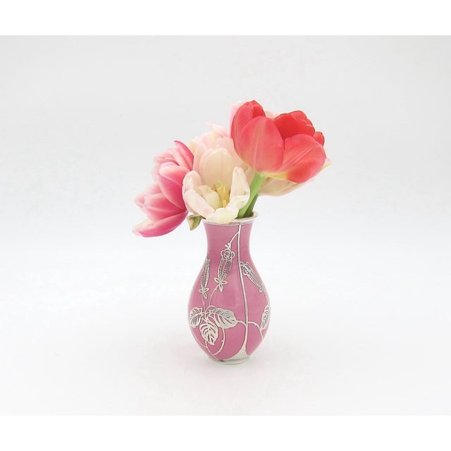 Boho Chic 1940s Silver Overlay Cabinet Vase From Manfred Veyhl in Pink Porcelain For Sale - Image 3 of 6
