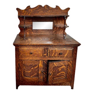 Early 20th Century Child's Miniature American Tiger Oak Buffet With Mirror For Sale