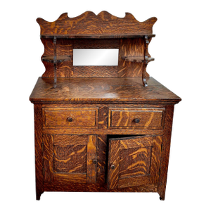 Early 20th Century Child's Miniature American Tiger Oak Buffet With Mirror