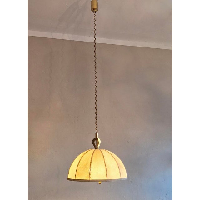 Cream Large Leather, Vellum and Brass Cocoon Chandelier, Italy, 1950s For Sale - Image 8 of 9