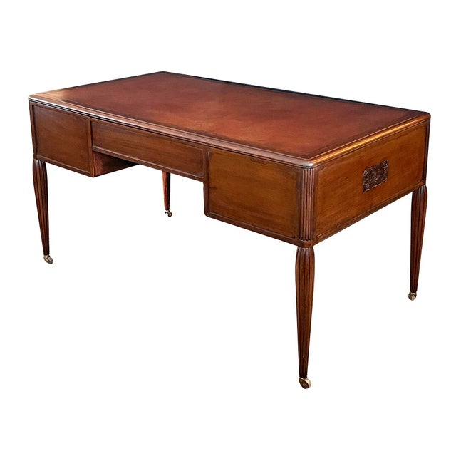 Art Deco A French Art Deco Mahogany 5-Drawer Writing Desk With Leather Top For Sale - Image 3 of 12