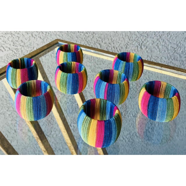 Wood Late 20th-Century Vibrant & Chic Multi-Colored Woven Napkin Rings - Set of 8 For Sale - Image 7 of 18