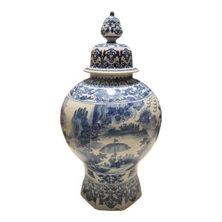 Huge Antique Delft Blue & White Pottery Covered Urn For Sale