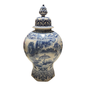 Huge Antique Delft Blue & White Pottery Covered Urn