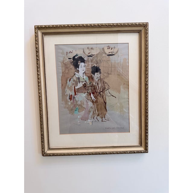 Mid-Century Modern Jack Levine “Geisha With Attendant” — Hand-Embellished Pochoir, Facing East Portfolio, 1970 | Gilt Frame For Sale - Image 3 of 5