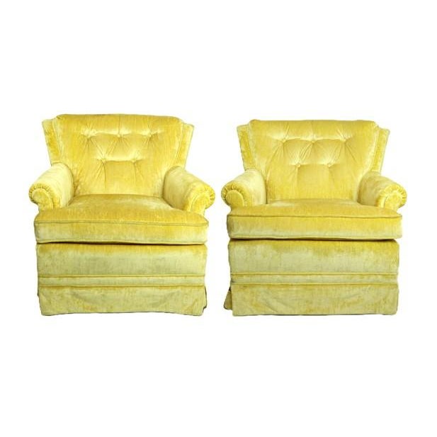 Pair of vintage lounge chairs with vibrant sunshine / daffodil yellow velvet - a fantastic pop of color. Tufted backs and...