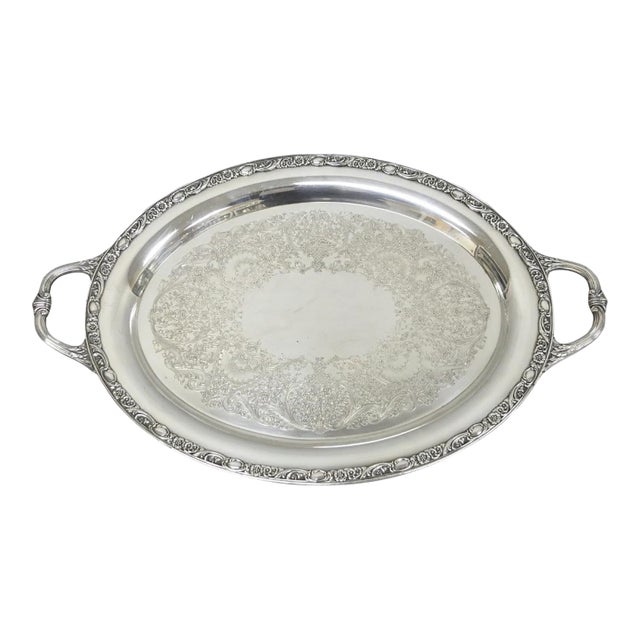 Vintage Wm Rogers & Son "Victorian Rose" Silver Plated Oval Serving Platter Tray For Sale