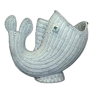 Large Vintage Rattan Artisanal Cornucopia Fish With Glass Eyes For Sale