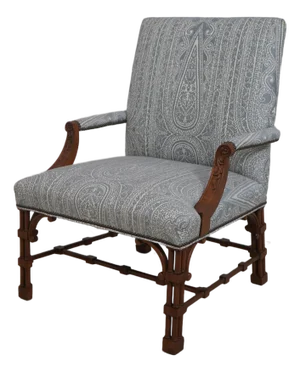 Chinese Chippendale Damask Upholstered Open Arm Library Chair