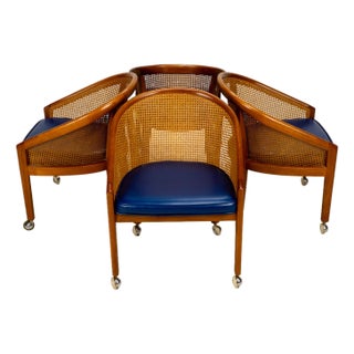 1970s Set of 4 Bent Oak & Cane Tub Chairs on Casters W/ Royal Blue Cushions in the Manner of Ward Bennett For Sale