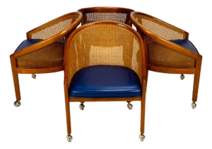 1970s Set of 4 Bent Oak & Cane Tub Chairs on Casters W/ Royal Blue Cushions in the Manner of Ward Bennett