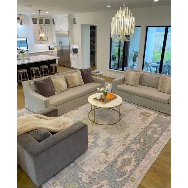 Traditional Modern Handknotted Oushak Rug in Fog, Pale Pink & Sage Green, 10' x 14' For Sale - Image 3 of 6