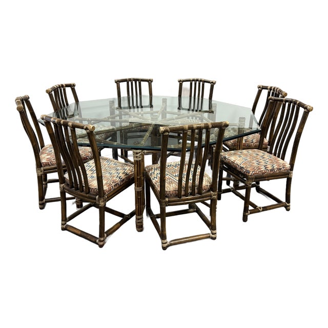 McGuire Furniture Late 20th Century Octagon Dining Table + Eight Dining Chairs, Set For Sale