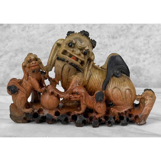 Antique 9" Traditional Chinese Soapstone Foo Dog & Cubs Sculpture For Sale - Image 6 of 10