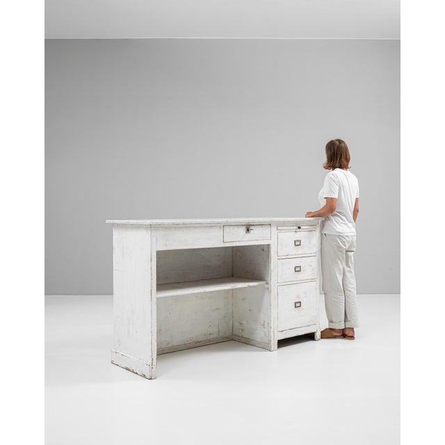 1900 - 1909 1900s French Wood White Patinated Shop Counter With Marble Top For Sale - Image 5 of 18