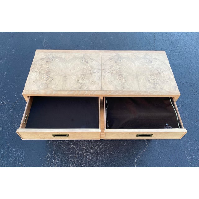 1990s Drexel Heritage Olive Ash Burl Rolling Server Buffet or Bar Cart With Extendable Sliding Top For Sale - Image 5 of 18