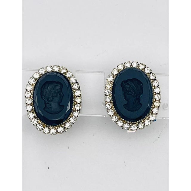 1950s Signed Hobé Cameo Intaglio Onyx and Rhinestone Earrings - a Pair For Sale - Image 4 of 8