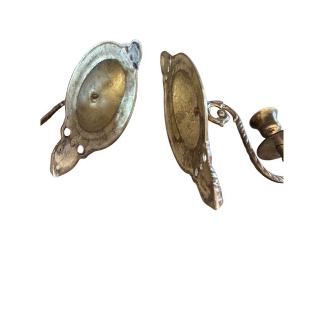 Metal Vintage Pair of Cast Brass Oval Candle Wall Sconces With Reflector Backplates | Hollywood Regency Traditional For Sale - Image 7 of 11