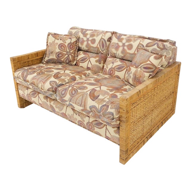 Mid-Century Modern Box Shape Rattan Cane Bamboo Loveseat Sofa Settee For Sale