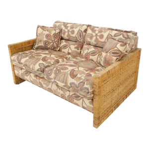 Mid-Century Modern Box Shape Rattan Cane Bamboo Loveseat Sofa Settee
