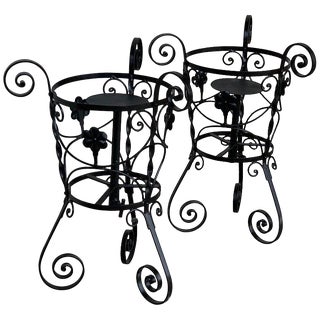 20th Century Set of Two Black Wrought Iron Painted Adjustable Plant Stands For Sale