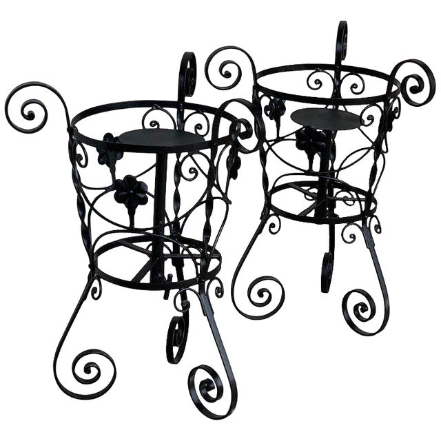 20th Century Set of Two Black Wrought Iron Painted Adjustable Plant Stands For Sale