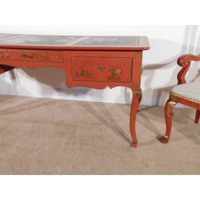 Antique Baker 1950s French Red Chinoiserie Leather Top Writing Desk & Arm Chairs For Sale In South Bend - Image 6 of 16