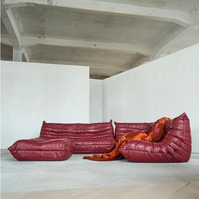 Togo Modular Sofa in Oxblood Red Leather attributed to Michel Ducaroy for Ligne Roset, 2000s, Set of 4 For Sale - Image 12 of 18