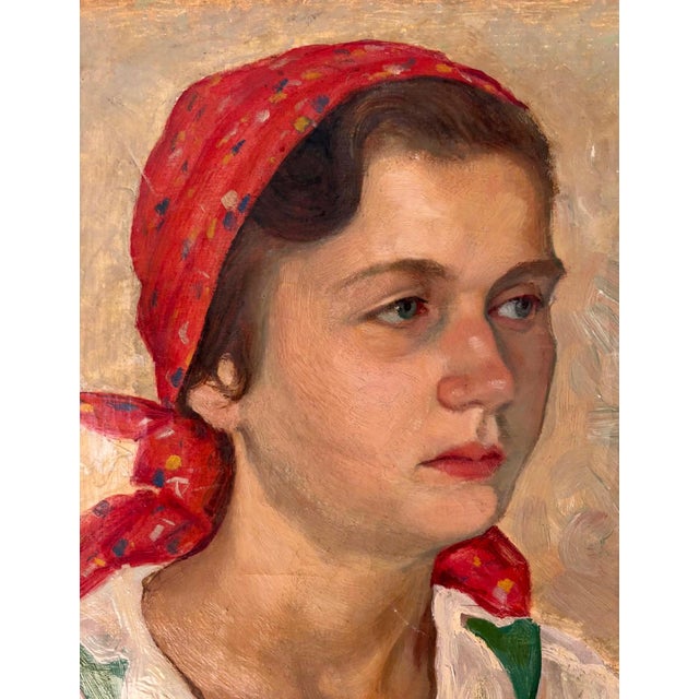 1930s Farmer Woman with Red Headscarf, 1939, Oil on Canvas For Sale - Image 5 of 9