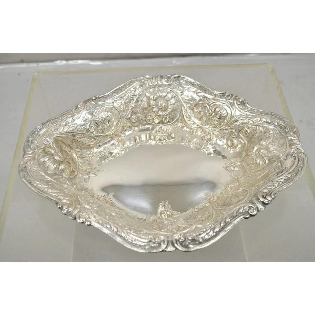 Antique M&H English Victorian Art Nouveau Silver Plated Floral Repousse Fruit Bowls Pair. Item features raised sunflower...
