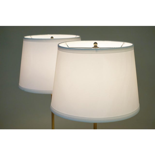 Brass 1930s Matched Pair Art Deco French Empire Ornate Brass Travertine Marble Candlestick Table Lamps For Sale - Image 8 of 10