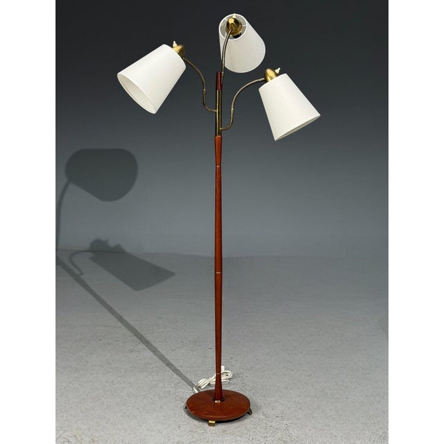 Mid-Century Modern Swedish Modern, Adjustable Floor Lamp, Teak, Brass, Fabric, Sweden, 1970s For Sale - Image 3 of 12