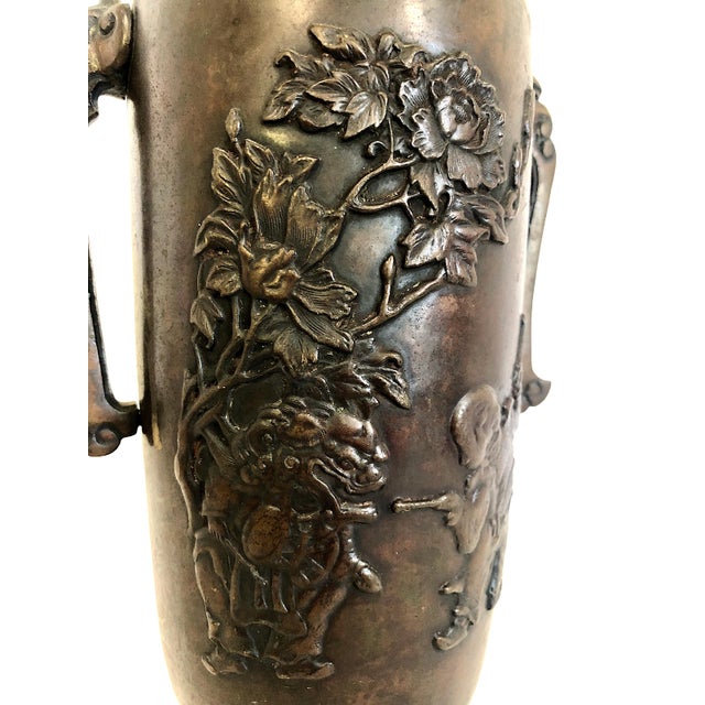 Japanese Meiji Era Patinated Bronze Vase With Peonies and a Child For Sale - Image 11 of 15