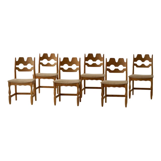 Mid-Century Modern Chairs in Oak & Hessian attributed to Henning Kjærnulf, 1950s, Set of 6 For Sale