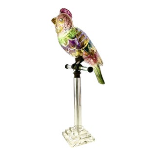 1930s Cut Glass Perched Painted Exotic Bird, Animalia Table Lamp For Sale