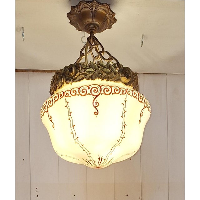Antique Art Nouveau French Ceiling Lamp with Cream Painted Glass Shade on Brass and Bronze Mount, 1910s For Sale - Image 3 of 7