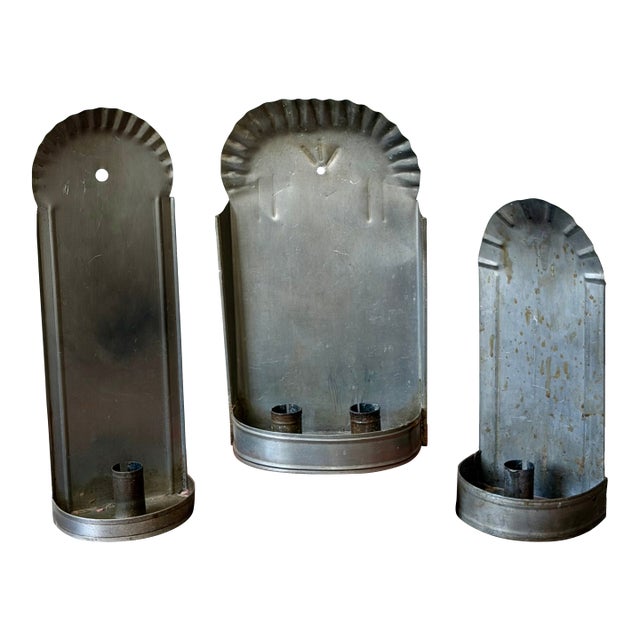 Antique Primitive Tin Wall Sconces – Set of Three For Sale