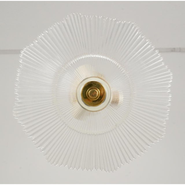 Mid 20th Century Vintage Art Deco Ribbed Glass Brass Semi Flush Mount Light For Sale - Image 5 of 10