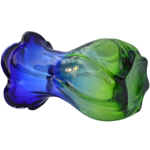Glass Mid-Century Handmade Blue & Green Glass Vase For Sale - Image 7 of 11