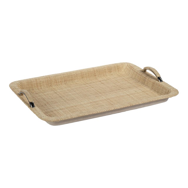 Annecy Raffia and Chambray Serving Tray, Large For Sale