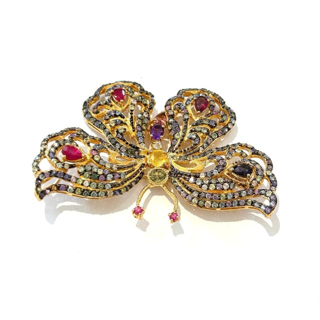 Late 20th Century Bochic "Orient" Vintage Ruby & Multi Color Sapphire Brooch Set 18K Gold & Silver For Sale - Image 10 of 18