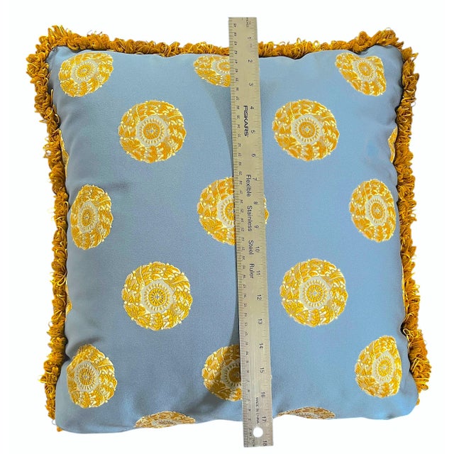 Pair of Custom Designer Pillows in Powder Blue & Golden Ochre Medallion Fabric With Textural Fringe Trim For Sale In Jacksonville, FL - Image 6 of 6