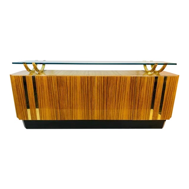 1980s Leon Rosen Modern Wood & Brass & Glass Sideboard For Sale