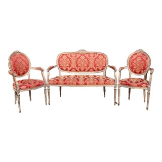 Vintage French Louis XVI Red & Silver Settee and Pair Chairs ~ Set of Three For Sale