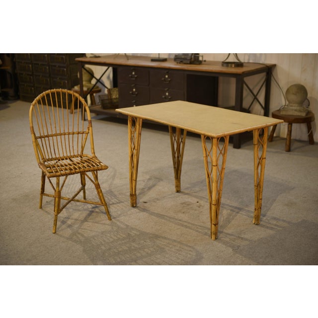 Beige Desk and Rattan Chair, 1970s, Set of 2 For Sale - Image 8 of 12