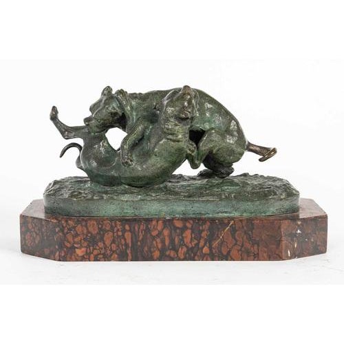 Napoleon II Bronze Sculpture of Two Dogs Playing on a Marble Base For Sale - Image 3 of 7