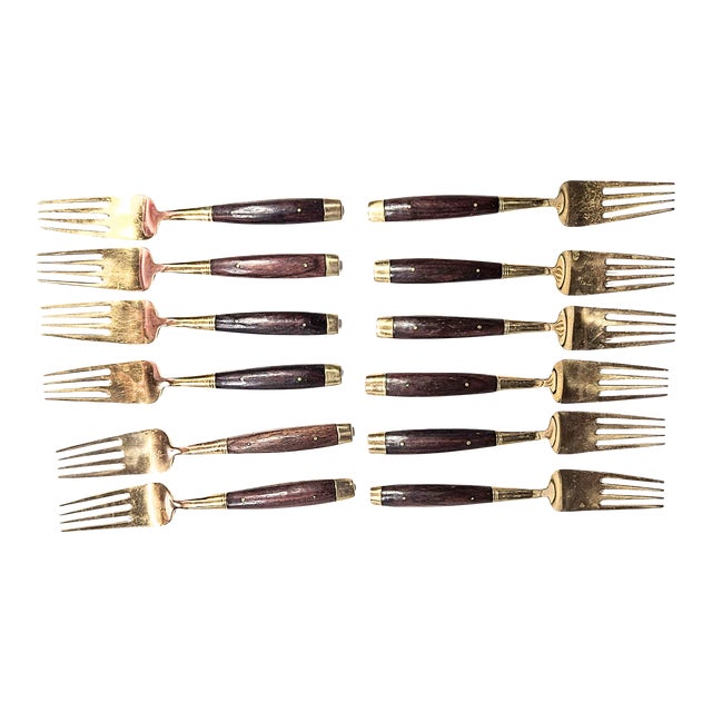 Midcentury Rosewood and Brass Salad Forks- Set of Twelve For Sale