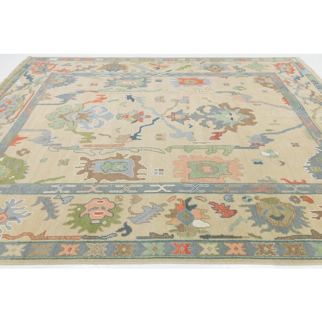 Modern Hand-Knotted Oushak Style Wool Area Rug in Pastel Palette and Soft Beige For Sale - Image 9 of 12