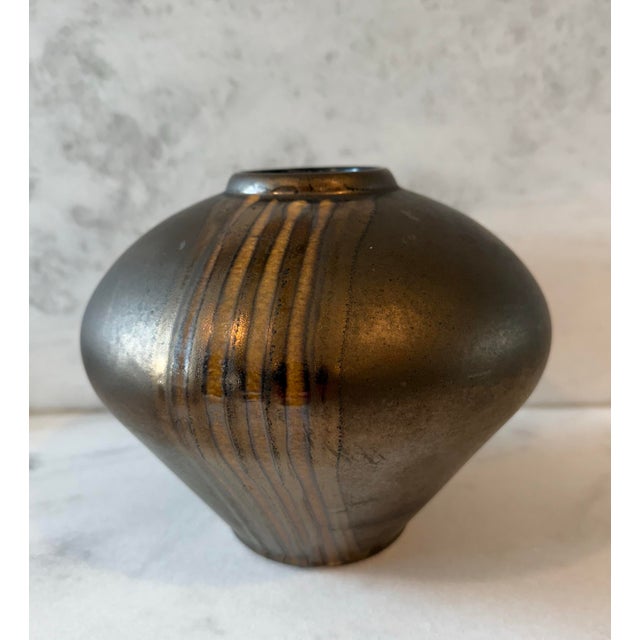 Mid-Century Modern Vintage Mid Century Bronze and Gold Drip Glazed Vase For Sale - Image 3 of 12